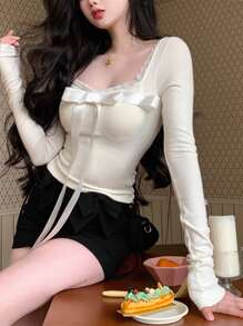 DAZY Áo thun nữ tay dài ôm vừa vặn trang nhã có nơ trang trí, xuân thu - trắng - Xem 1