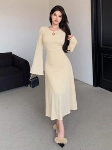 DAZY Women Solid Color Flare Sleeve Short Dress,Ruffle,Fall Clothes Long Sleeve Dress - Purple - View 5