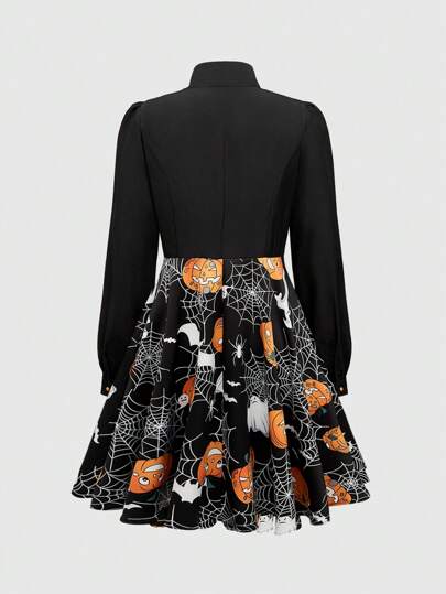 Fairycore Women's Cartoon Pumpkin Print Tie-Neck Long Sleeve Mini Dress