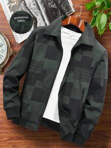 Manfinity Homme Men's Turn-Down Collar Zipper Outdoor Windbreaker Jacket, Plaid Print