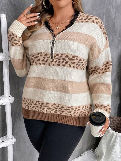 EMERY ROSE Plus Size Color Block Lace Collar Pullover Sweater