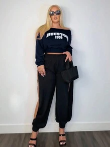 SHEIN SXY 大码冬春露肩字母印花女式短款运动衫 - 寶藍色 - 查看 5