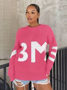 SHEIN SXY Casual Oversized Loose Knitted Sweater With Numeric Pattern, Autumn & Winter - Pink - View 3