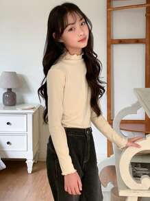 DAZY Tween Girls Solid Color Frill Collar Long Sleeve Casual T-Shirt, Autumn Winter - Apricot - View 2