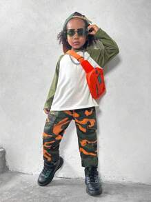 Young Boy Retro Neon Camo Casual Comfortable Washed Denim Jeans, Street Fashion Denim Pants - Army Green - View 6