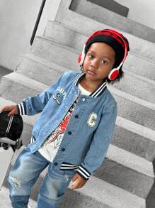 1 set Chaqueta de béisbol casual de mezclilla para niños, diseño bordado, uso diario
