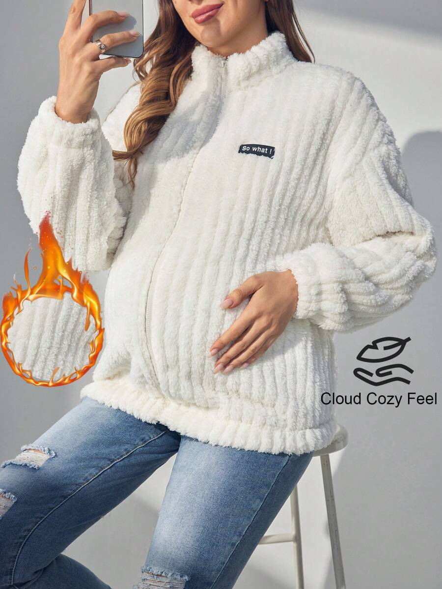 SHEIN Maternity Drop Shoulder Letter Patched Teddy Jacket, Winter - White - View 1