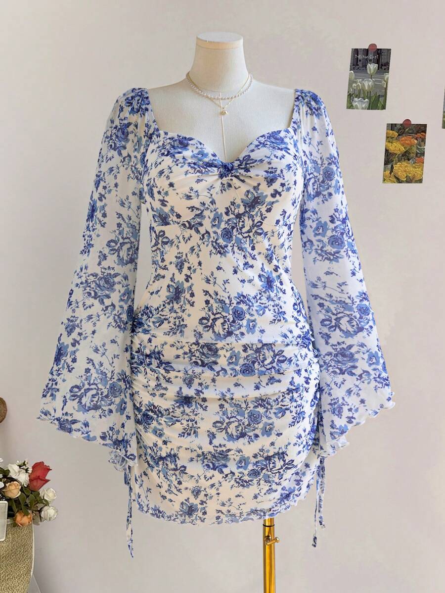 Dreamara Váy midi tay loe in hoa cỡ lớn cho nữ khi trở lại trường, đi nghỉ, mùa thu - Nhiều màu - Xem 1