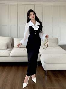 Modelyn Women's Elegant Turn-Down Collar Twist-Knot Contrast Color Long Sleeve Midi Dress