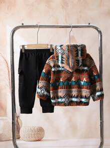 SHEIN 2pcs Baby Boys'  Long Sleeve Sweatshirt And Pants Set With Plush Retro Pattern