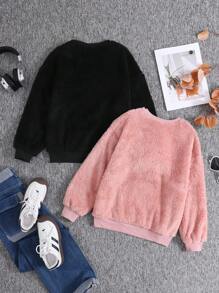 SHEIN Leap Crew Tween Girl Solid Drop Shoulder Pullover Sweatshirt 2 Pieces/Set For Daily Wear In Fall/Winter - Multicolor - View 7