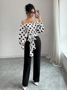 Selianne Women Off-Shoulder Polka Dot Allover Print Long Sleeve Jumpsuit Fall Cloth For Women - Black and White - View 3