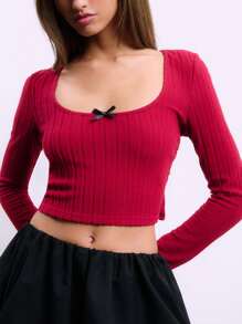 TypaGal Cherry Red Bowknot Square Neck Slim Fit Long Sleeves Rib-Knit Crop Top