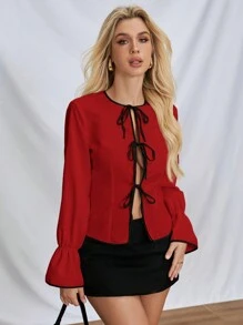 SHEIN Essnce Women Colorblock Cuff Casual Flared Lantern Sleeve Blouse, Spring/Autumn