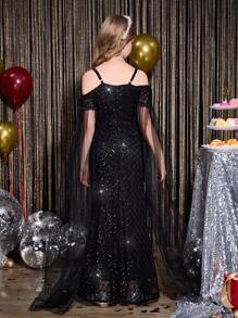 SHEIN 优雅女孩黑色露肩毛皮珠饰连衣裙，适合舞会、派对、万圣节、圣诞节、复活节等节日 - 黑色 - 查看 2