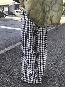 FRIFUL Women's Houndstooth Pattern Drawstring Waist Wide Leg Loose Casual Pants Plaid - Black and White - View 9