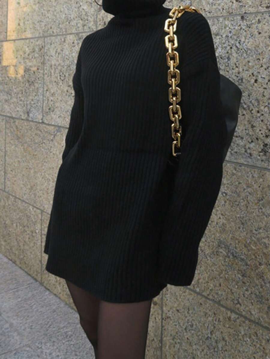 DAZY Váy len ngắn rộng rãi cổ cao cho nữ - màu đen - Xem 1