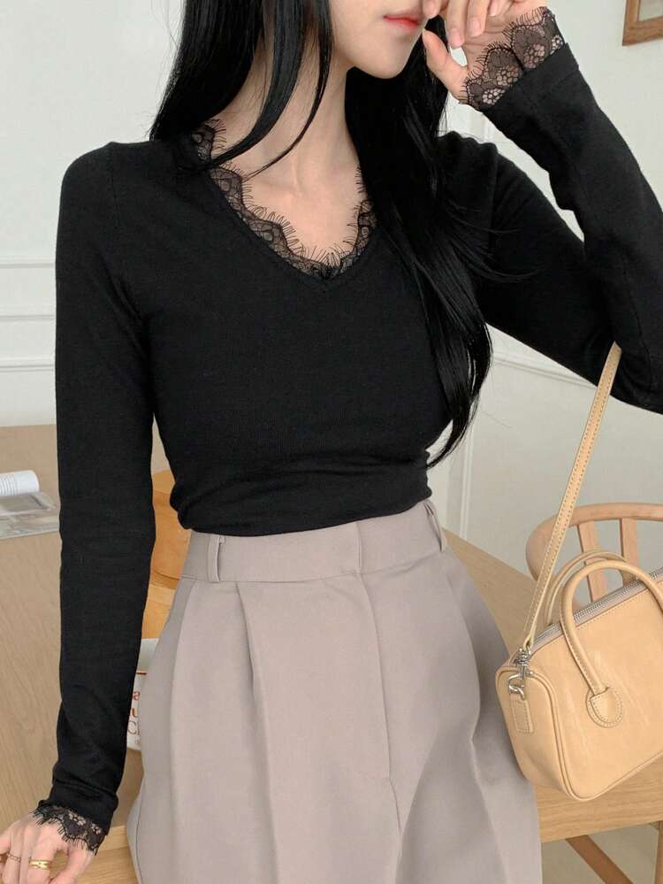 Solid Color Contrast Lace Trim V-Neck Slim Fit Women's Sweater,Long Sleeve Tops,Back To School Clothes,Fall Women Clothes