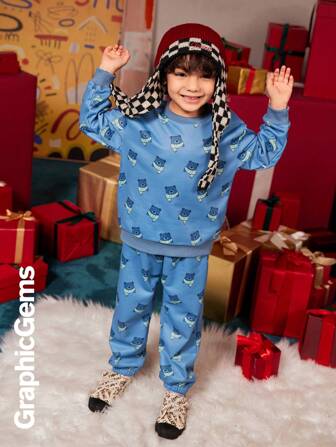 2pcs/Set Young Boy Christmas Bear Print Hoodies And Pants Outfit