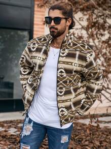Manfinity Homme Heren Geometrisch Print Lange Mouw Rits Voorkant Casual Jas Voor Herfst/Winter, Herenjas, Herfst En Winter Herenkleding, Heren Khaki Jas, Pluche Fleece Voor Warmte, Winter Herenjas, Vriendje Cadeau, Koraal Fleece