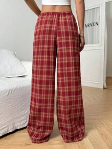 CovetEZ Women's Belted Plaid Straight Leg Loose Casual Pants - Red - View 2