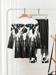 SHEIN LUNE 2pcs Setelan Kasual Wanita Motif Tanaman Musim Semi dan Gugur Atasan Lengan Panjang Leher Bulat dan Celana - Hitam dan Putih - View 2