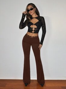 SHEIN ICON Quần ống loe thường ngày viền ren ôm vừa vặn dành cho nữ - màu nâu - Xem 4