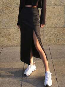 DAZY Women's Slit-Up-To-Thigh Long Skirt - Black - View 10