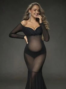 Cheriluna Maternity Váy bầu trễ vai tay dài lưới viền đuôi cá màu trơn cho buổi chụp ảnh, chụp ảnh - màu đen - Xem 3