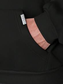 SUMWON 国际大学字母印花重磅套头连帽衫休闲街头服饰中心口袋冬秋季运动衫 - 黑色 - 查看 5