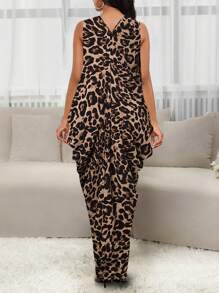 SHEIN Lady Brown Leopard Abstract Print Midi Casual Woven Dress - Multicolor - View 2