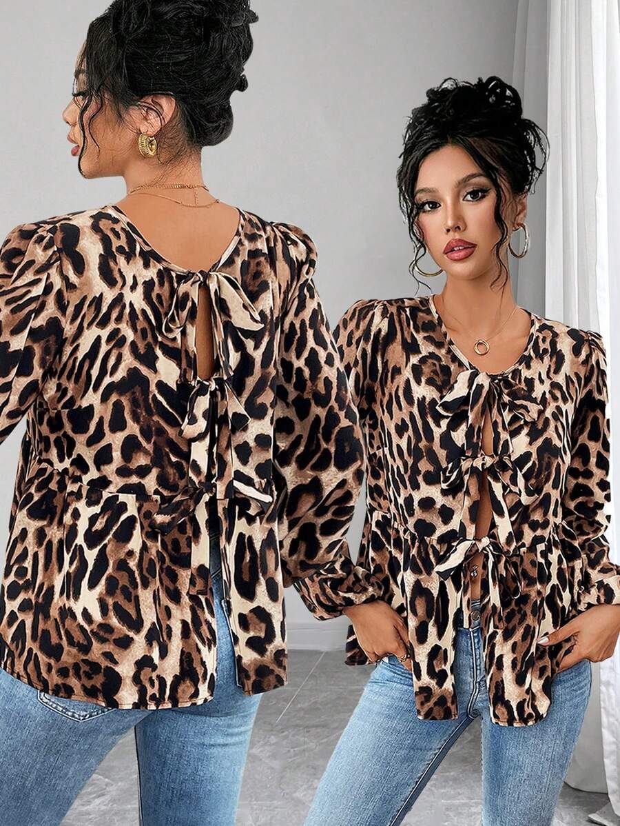 Chiquease 女士秋冬豹纹系腰长袖衬衫 - 彩色 - 查看 1