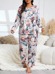 花卉印花圆领长袖长裤睡衣睡衣套装，加大码 - 彩色 - 查看 5