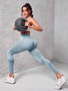 Seamluxe SHEIN Sport 女款无缝宽腰运动紧身裤瑜伽裤 - 霧霾藍 - 查看 5