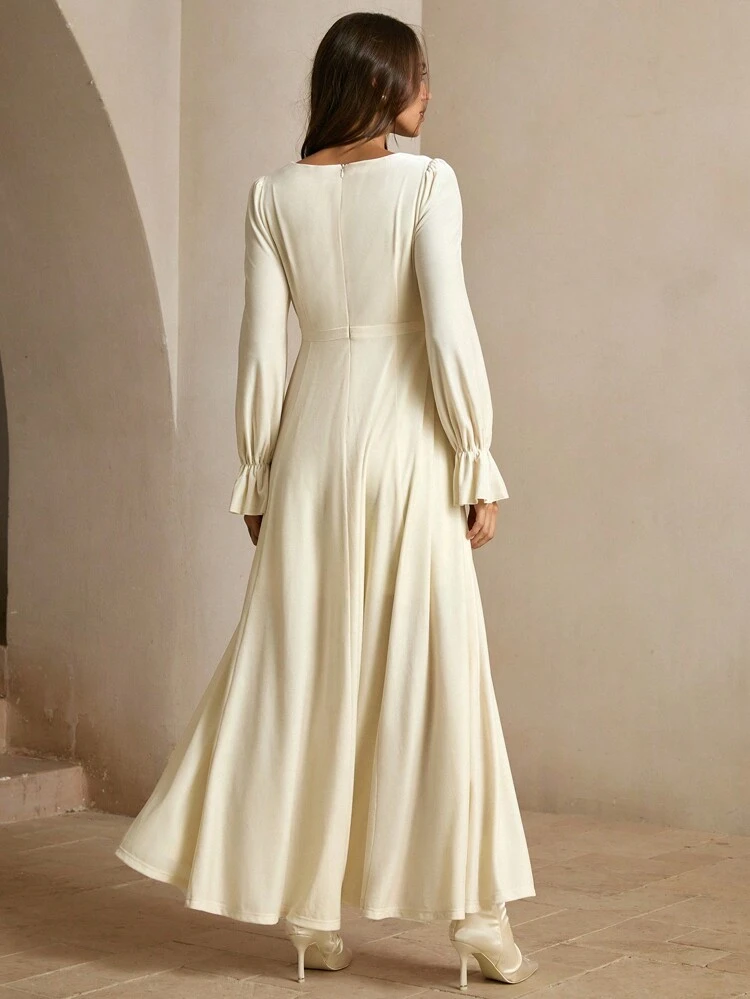 V-Neck High Waist Lantern Sleeve Butterfly Decor Elegant Dress