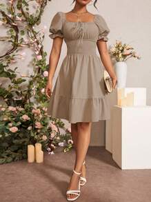 Chiquease Vestido mini de vacaciones para mujer con mangas abullonadas, cintura ceñida, frente atado y plisado de color liso