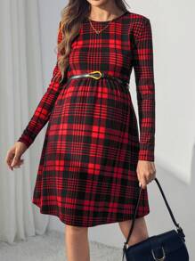 SHEIN Váy bầu ngắn tay dài kẻ caro đỏ lớn cho phụ nữ - Đỏ - Xem 4