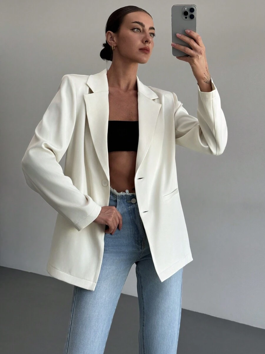 Aloruh Áo khoác blazer tay dài màu mơ phong cách Anh rộng rãi tối giản cho nữ - Màu be - Xem 1