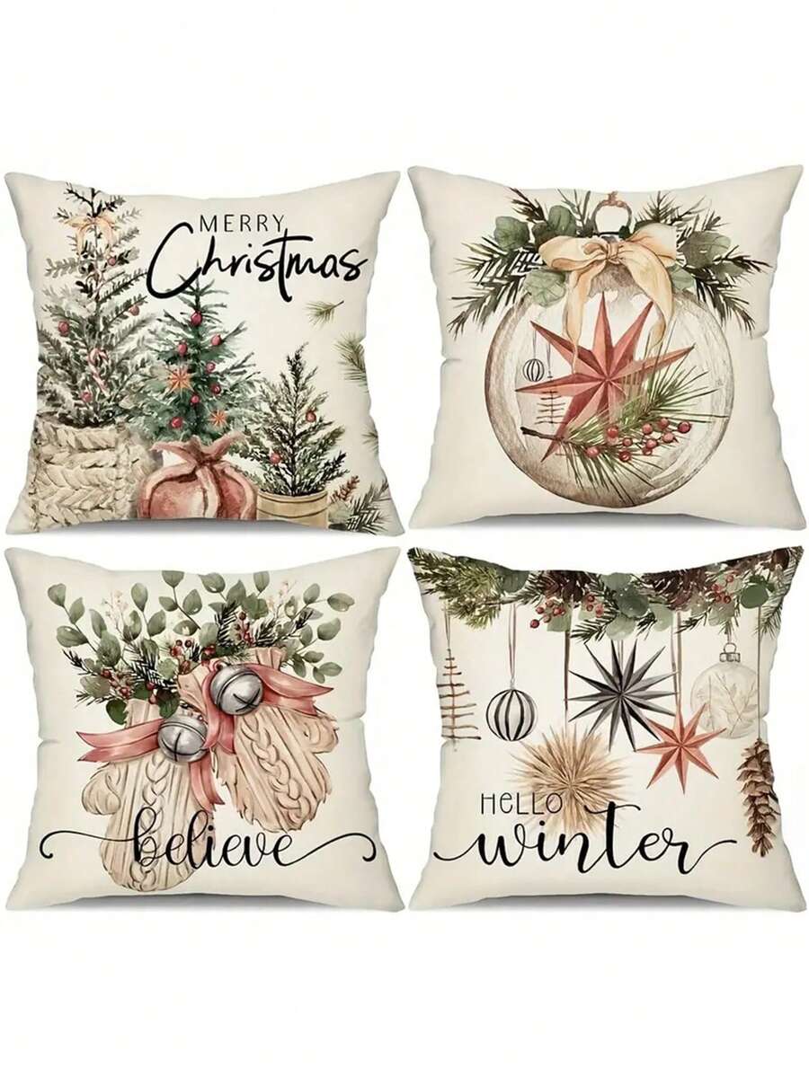 4pcs, Christmas Pillowcase 18x18 Inch Christmas Tree Gloves Hello Winter Decor Cuddle Pillowcase Winter Farmhouse Decor Family Sofa - Multicolor - View 1