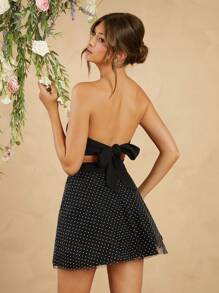L'Amorae Drop Waist Polka Dot Mesh Insert Sweetheart Neck Dress