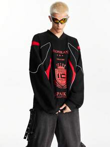 NEON BLANC Men's V-Neck Long Sleeve Racing Knitted T-Shirt - Black - View 3