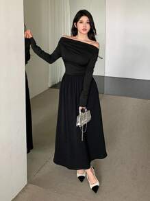 DAZY 女士优雅露肩收腰长袖纯色连衣裙，秋季，生日舞会礼服，秋季女装 - 米色 - 查看 9