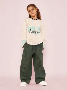 SUMWON Tween Girls Regular Fit Long Sleeve Hocket Top With Graphic Print And Cargo Pant 2 Piece Set - Army Green - View 1