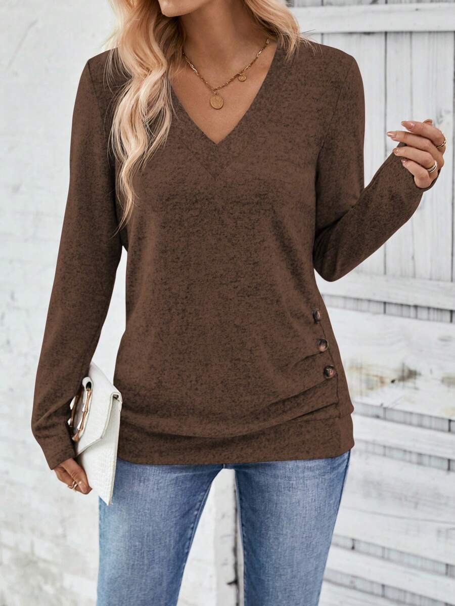 EMERY ROSE Women V-Neck Long Sleeve Solid Color Button Pleated Casual T-Shirt, Spring Autumn Fall Cloth For Women - Coffee Brown - View 1