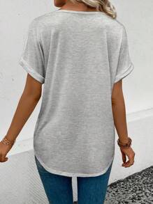 SHEIN LUNE Women's Summer Casual V-Neck Solid Color Simple T-Shirt - Light Grey - View 2