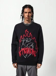 SHEIN Teen Boys' Flame Pattern Knit Sweater With Crew Neck Design