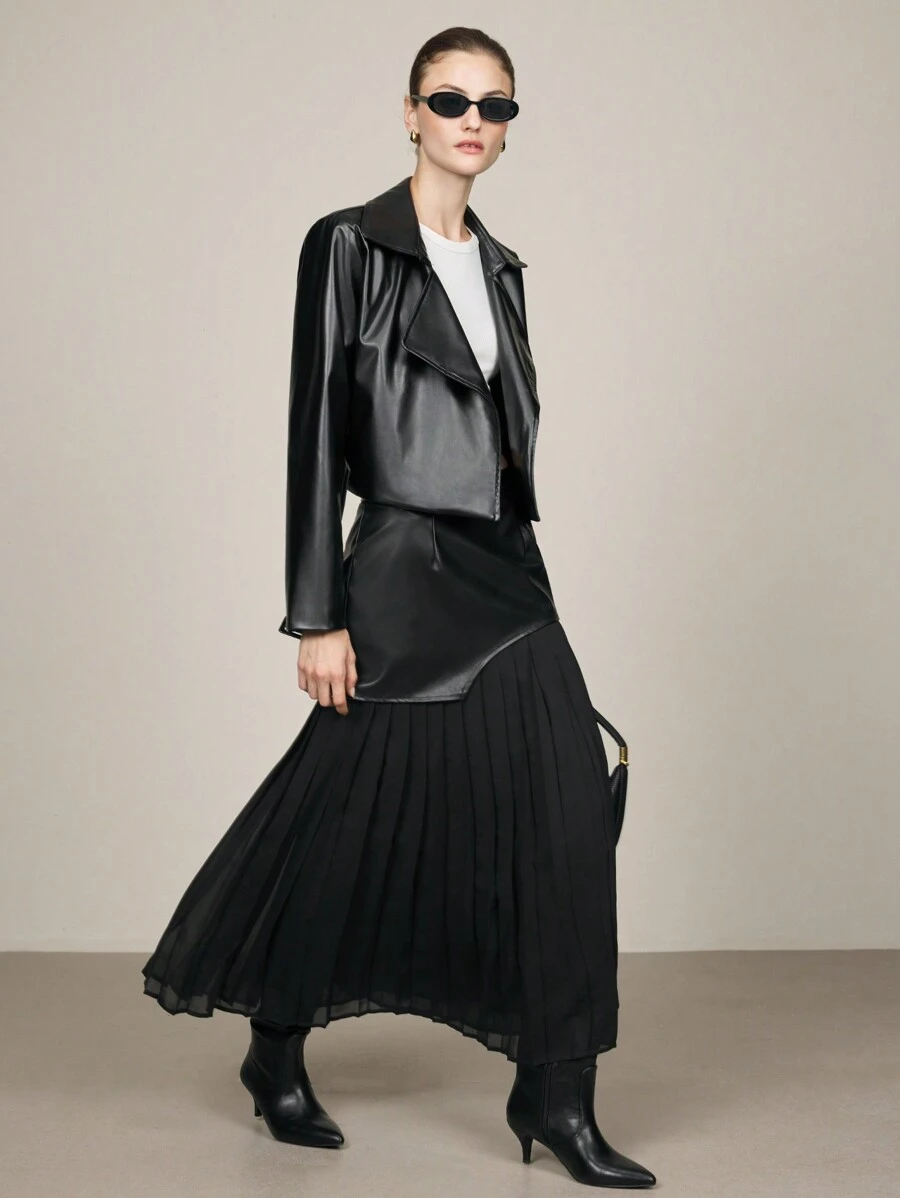 BizChic 女士黑色长袖仿皮夹克，优雅通勤装，适合感恩节、假日、新年等场合 - 黑色 - 查看 1