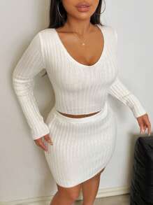 VaVaBold New V-Neck Ribbed Knit Sweater Set For Women, White