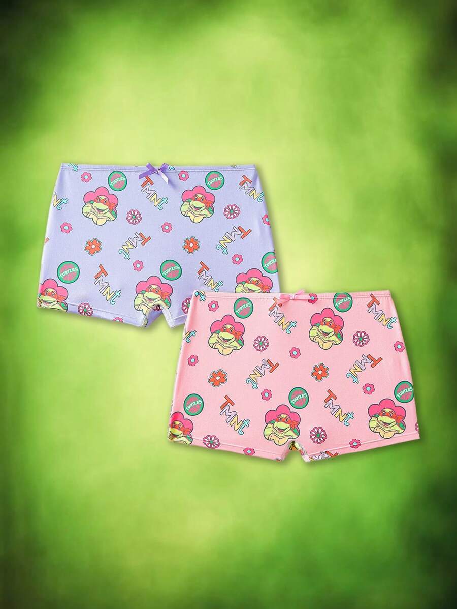 TEENAGE MUTANT NINJA TURTLES | SHEIN 2pcs Tween Girl Cartoon Turtle Print Bow Decor Boxer Briefs - Multicolor - View 1