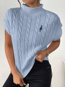 SHEIN LUNE Áo len dệt kim tay ngắn thêu cổ đứng màu trơn cho nữ - Màu xanh lam - Xem 7